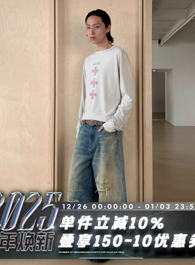 POH cortis james赵雨凡同款  泥染水洗补丁 阔弯刀廓形 牛仔裤