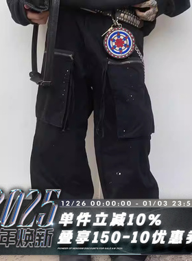 POH 24AW 多口袋飘带泼墨水洗口袋拉链做旧感层次直筒工装长裤