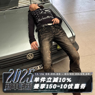 骑术狂钉 锈斑水洗 微弹修身 POH 牛仔长裤 JEANS 亚比弯刀 NAIL