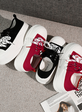 2026新款超厚底红色板鞋女时尚双鞋带增高小众百搭休闲帆布鞋