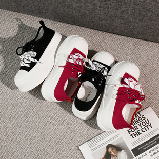 秋季 带增高小众学生休闲帆布鞋 超厚底红色板鞋 双鞋 女时尚 2025新款
