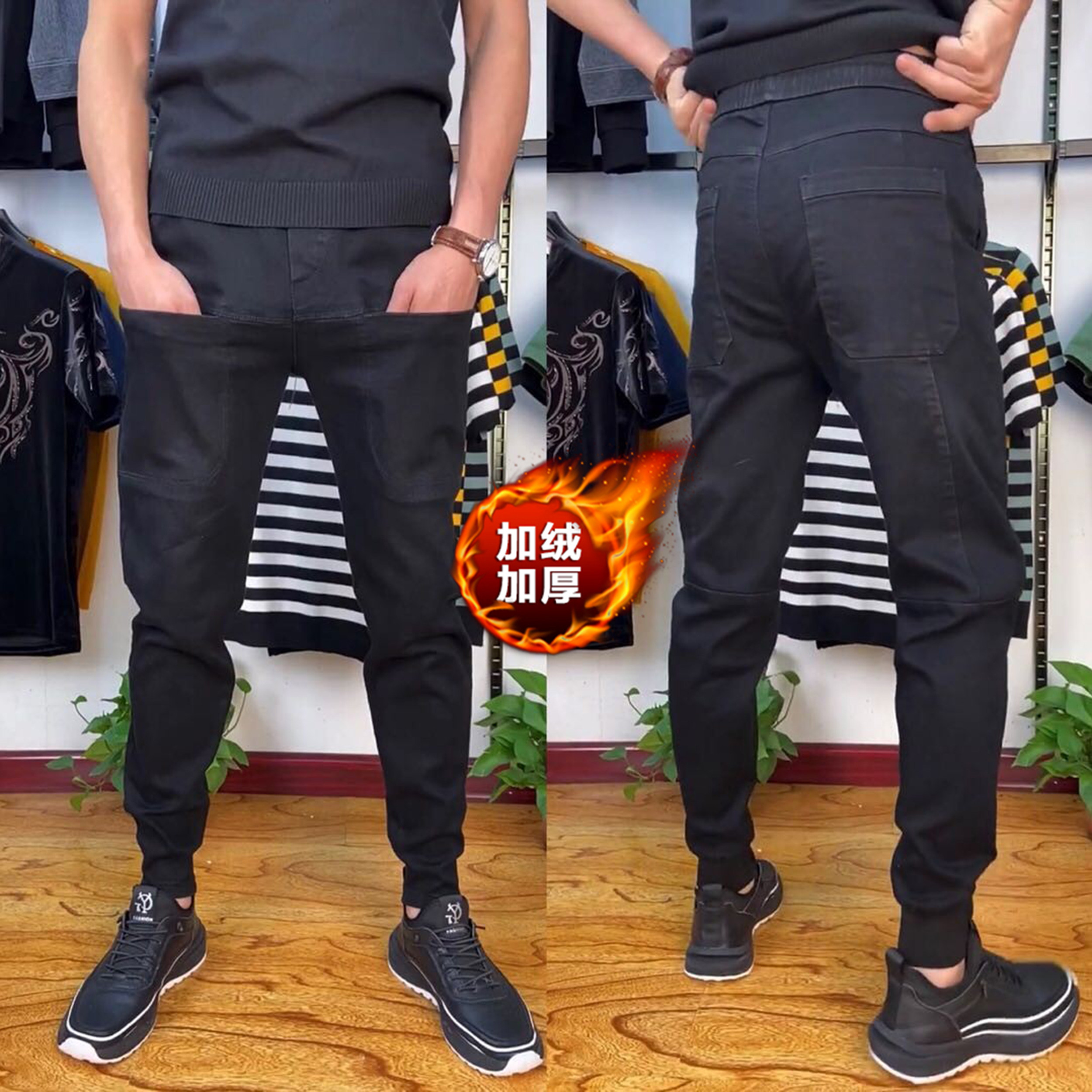 网红春夏黑色大码胖子多兜牛仔裤