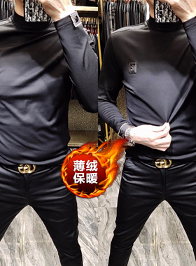 3988秋冬男士薄绒黑色小衫男款欧货商务休闲加绒打底衫新款上衣男