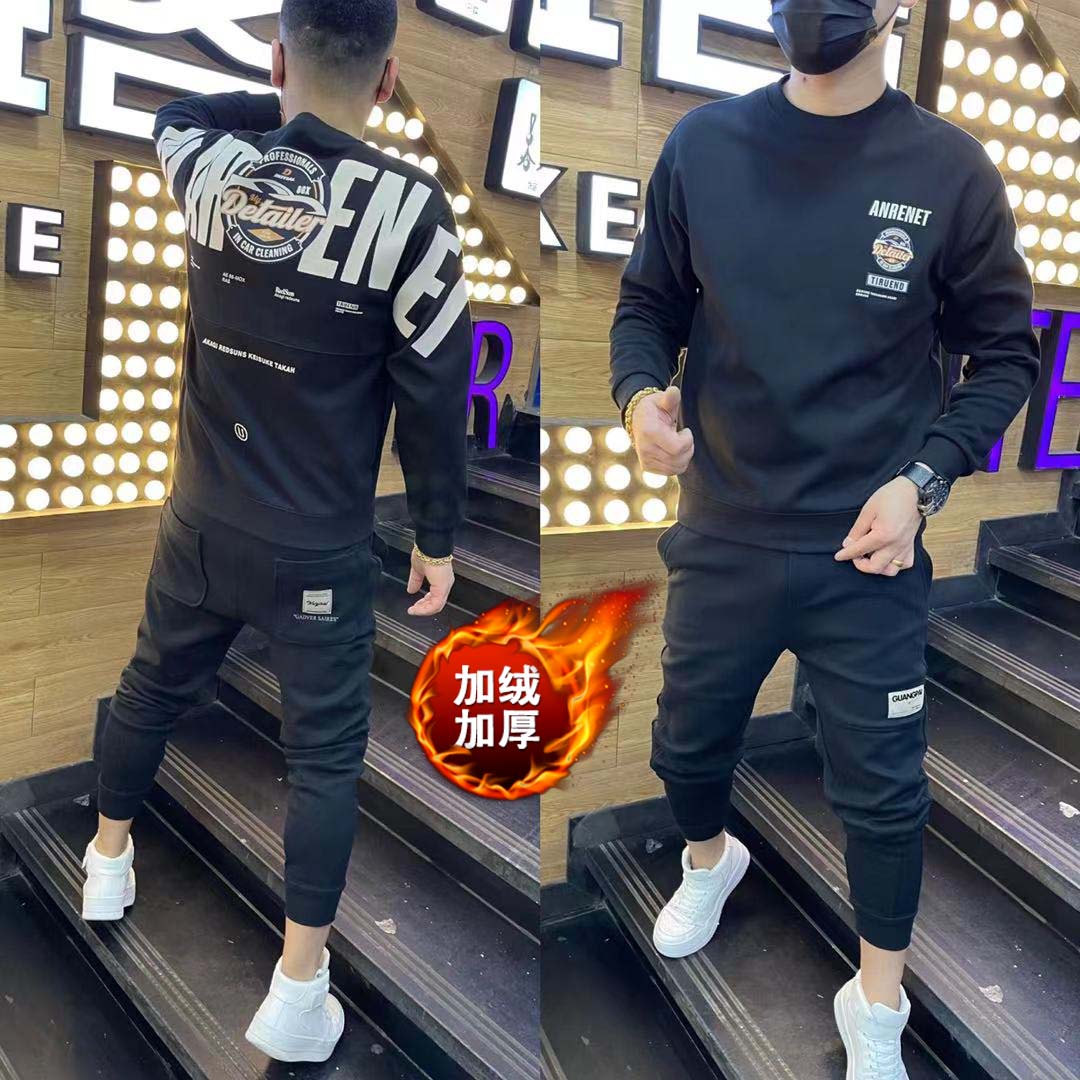 8088秋季新款男圆领松紧口印花时尚休闲精神帅气加绒卫衣长袖小衫