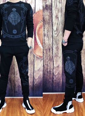 T012男士春秋潮流修身长袖短袖卫衣休闲裤两件套快手热门男套装帅