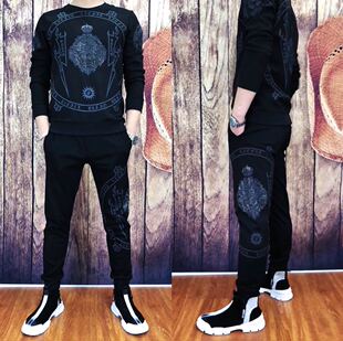 T012男士春秋潮流修身长袖短袖卫衣休闲裤两件套快手热门男套装帅