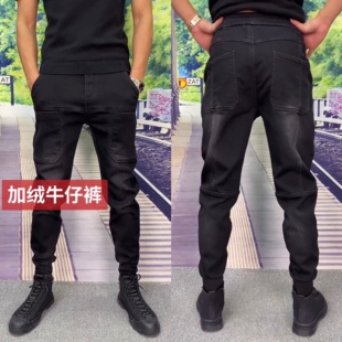 687秋冬加厚加绒裤子男保暖男裤带绒小脚裤黑色六口袋牛仔裤男潮