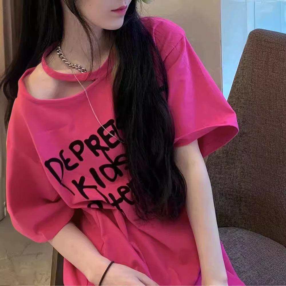 玫红色短袖T恤女夏原宿风设计感小众宽松韩版别致慵懒风上衣