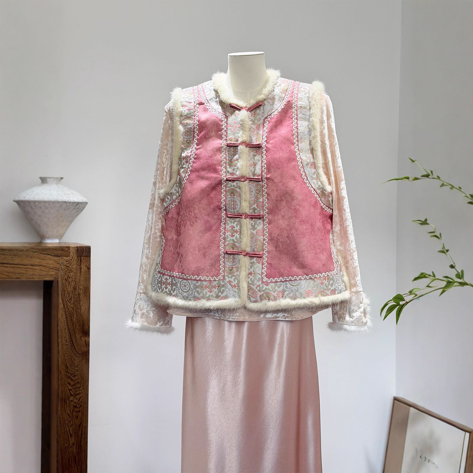 高端双面穿粉色马甲真水貂毛夹棉马夹背心新中式国风盘扣年轻