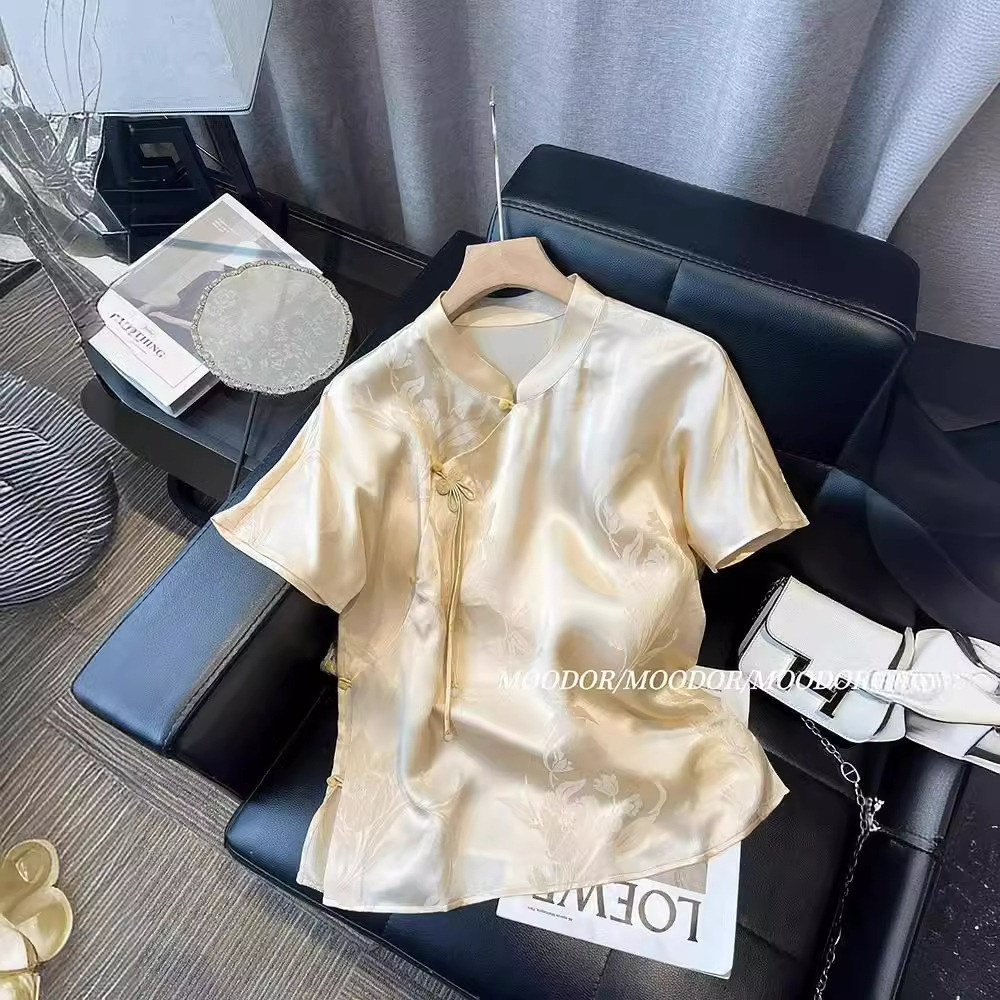 新中式提花侧襟醋酸缎面衬衫国风女装2024年新款改良旗袍简约