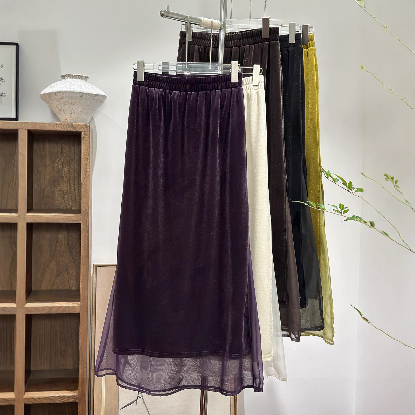 基础百搭秋冬新款松紧腰丝绒下摆双层拼接气质显瘦半身裙女中