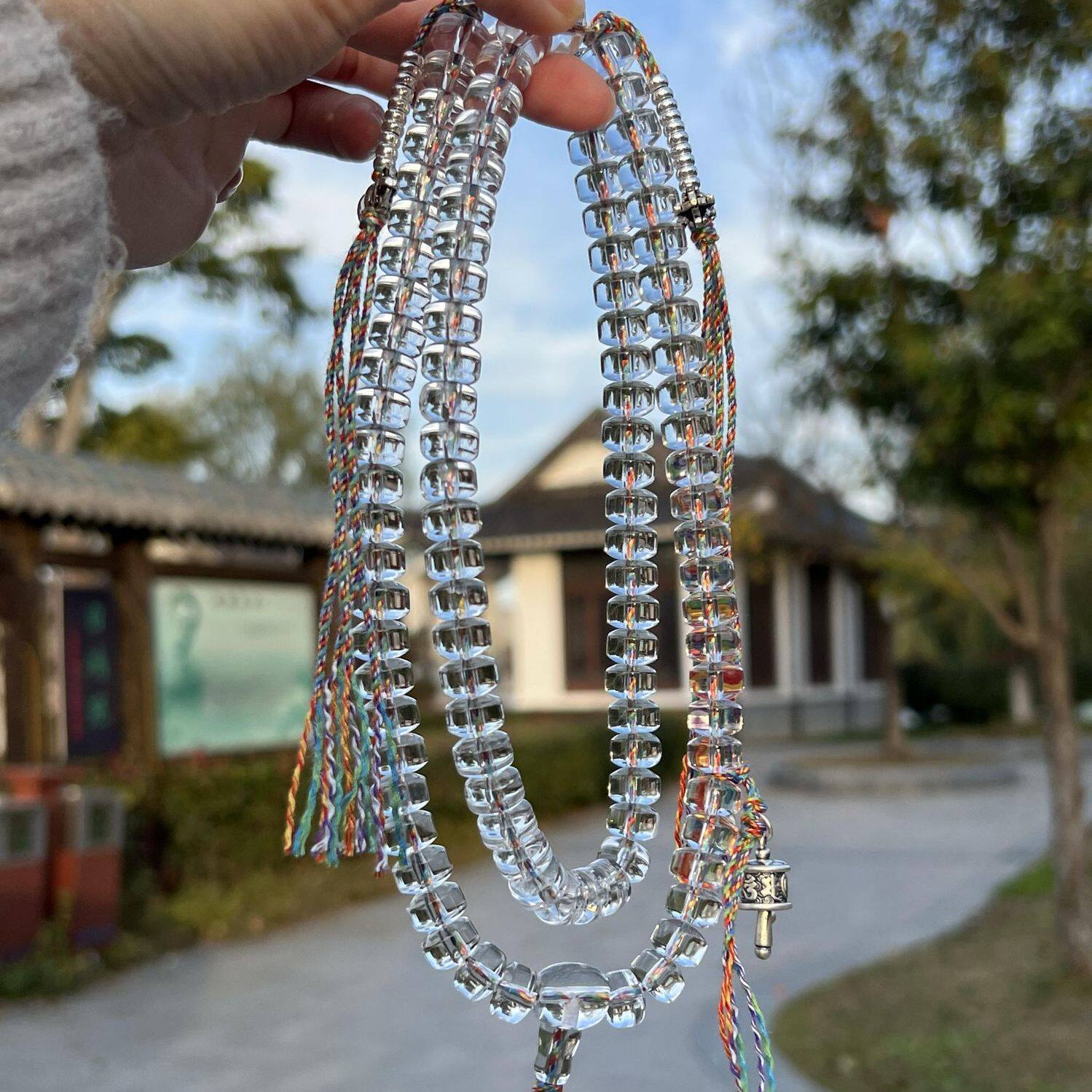 天然10白水晶碟片珠手串108颗佛珠念珠项链藏银复古新中式男女款