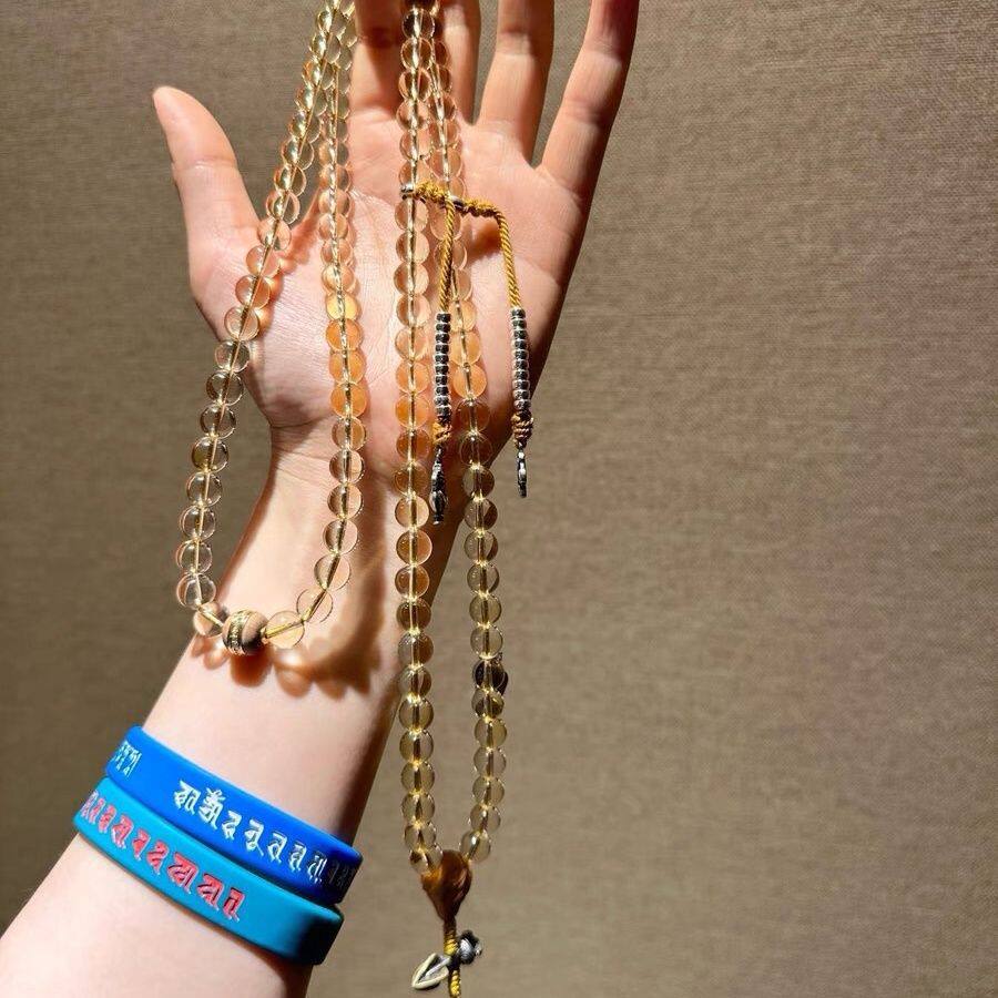 正宗天然巴西黄水晶108颗增业念珠搭配印度老山檀、925银