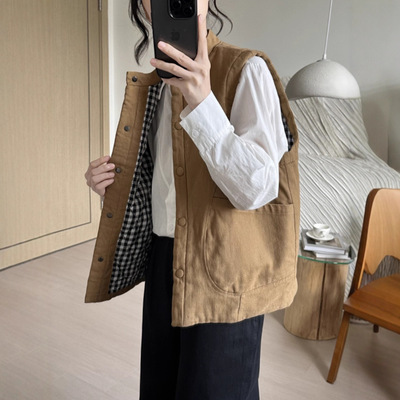 夹棉马甲女日杂风冬季新款复古宽松小个子立领叠穿短款背心棉袄