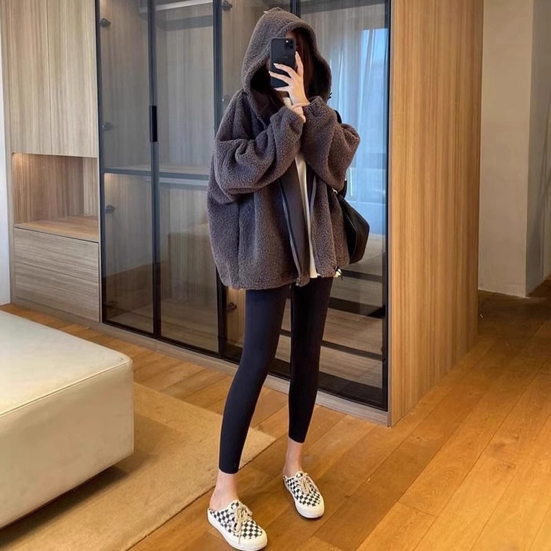 2025秋冬季韩系羊羔绒摇粒绒宽松慵懒风中长款加厚连帽卫衣外套女
