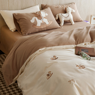 【阿卡家纺】A类卡通童心小木马加厚全棉磨毛四件套儿童纯棉床品