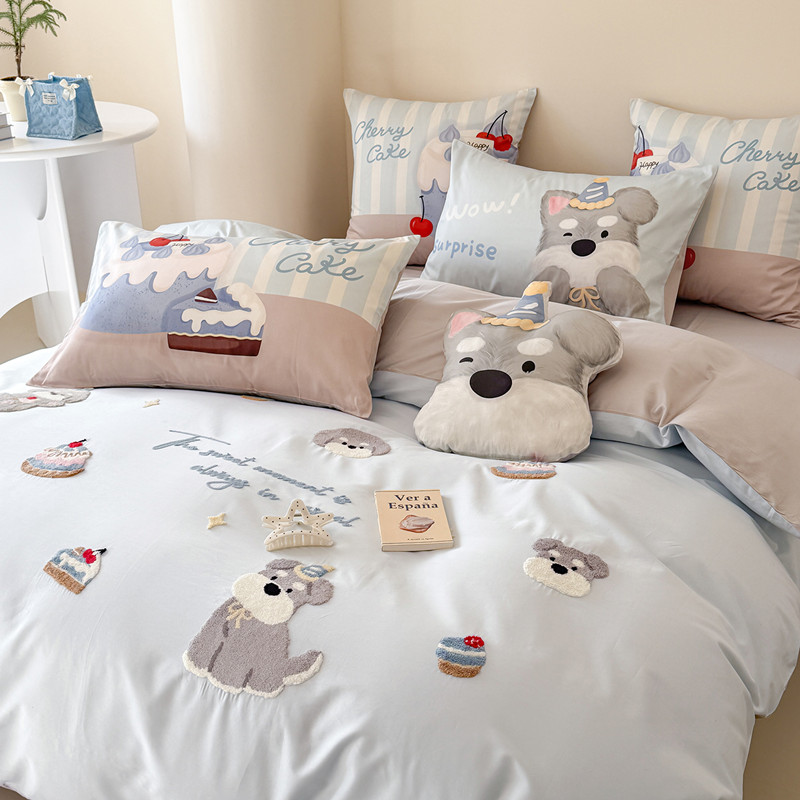 纯棉卡通可爱长绒棉四件套狗狗毛巾绣全棉儿童房床单被套学生床品