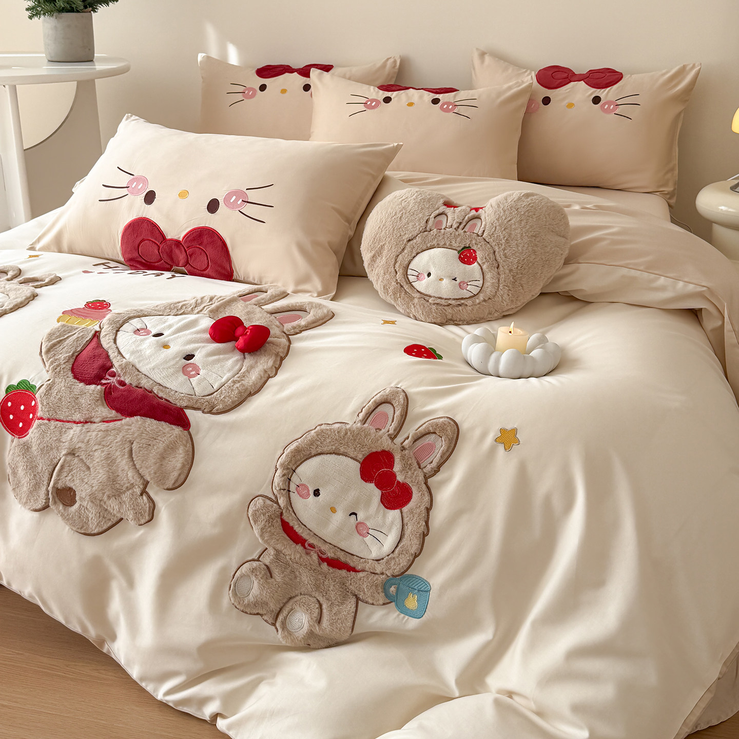 100s纯棉卡通可爱小猫咪长绒棉四件套全棉儿童房床单被套学生床品