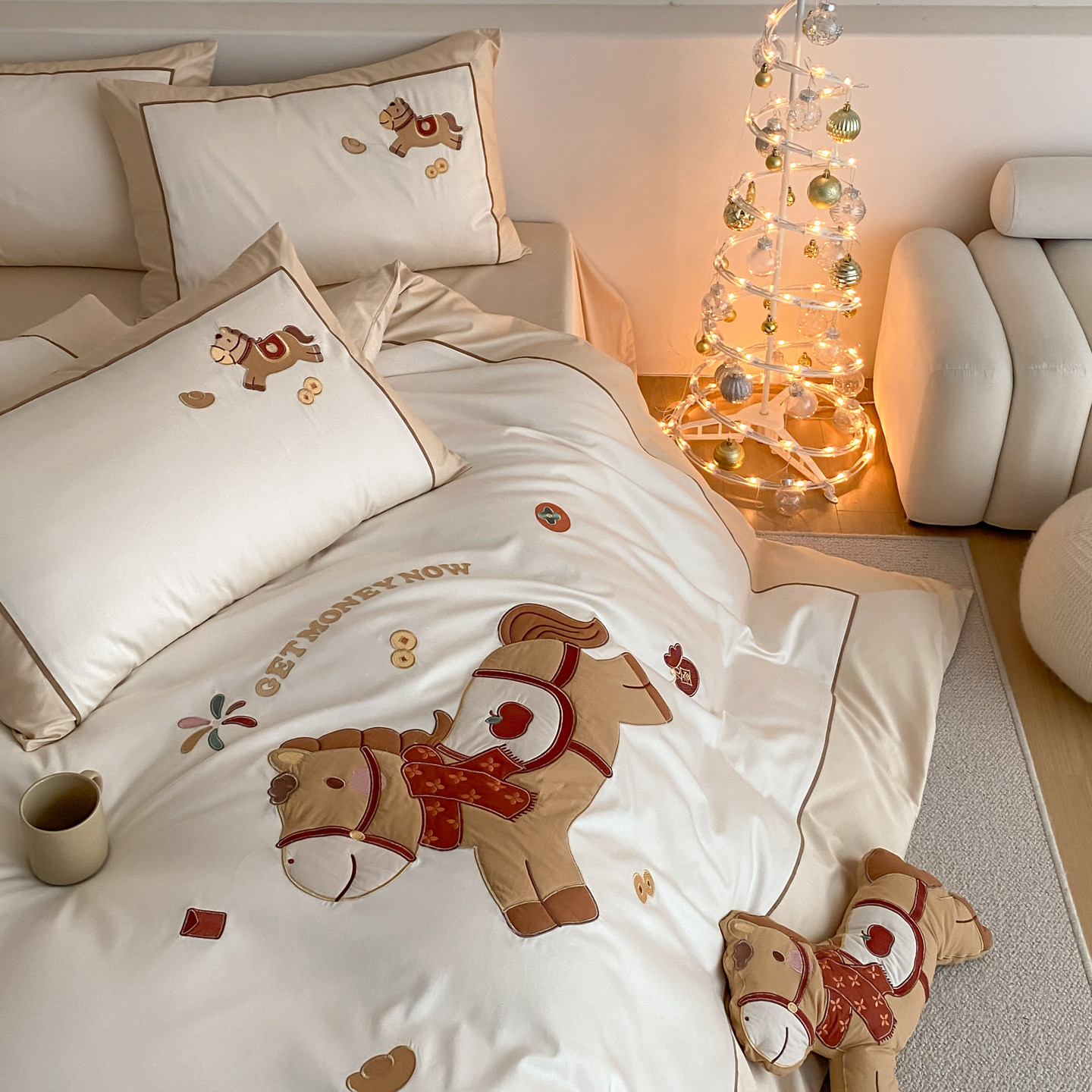 【阿卡家纺】卡通可爱马上有钱长绒棉四件套全棉纯棉儿童床单被套