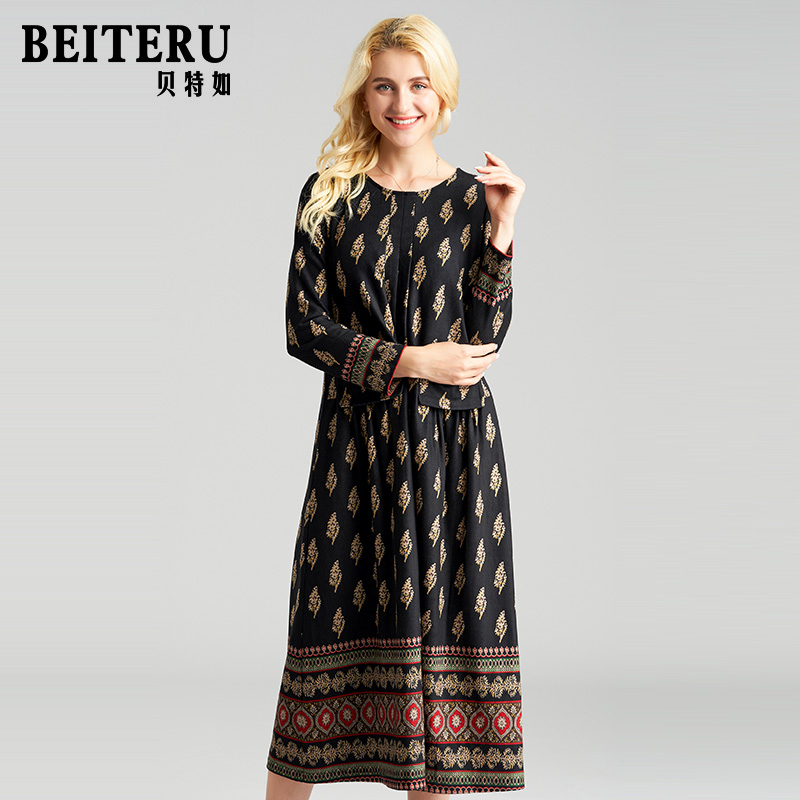 贝特如妈妈装连衣裙女2023秋冬新款复古民族风宽松过膝毛呢长裙EL