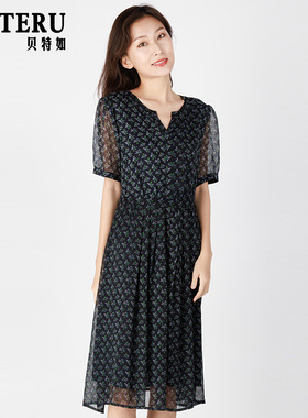贝特如妈妈夏装减龄连衣裙女士新款碎花洋气雪纺中长款裙子EL