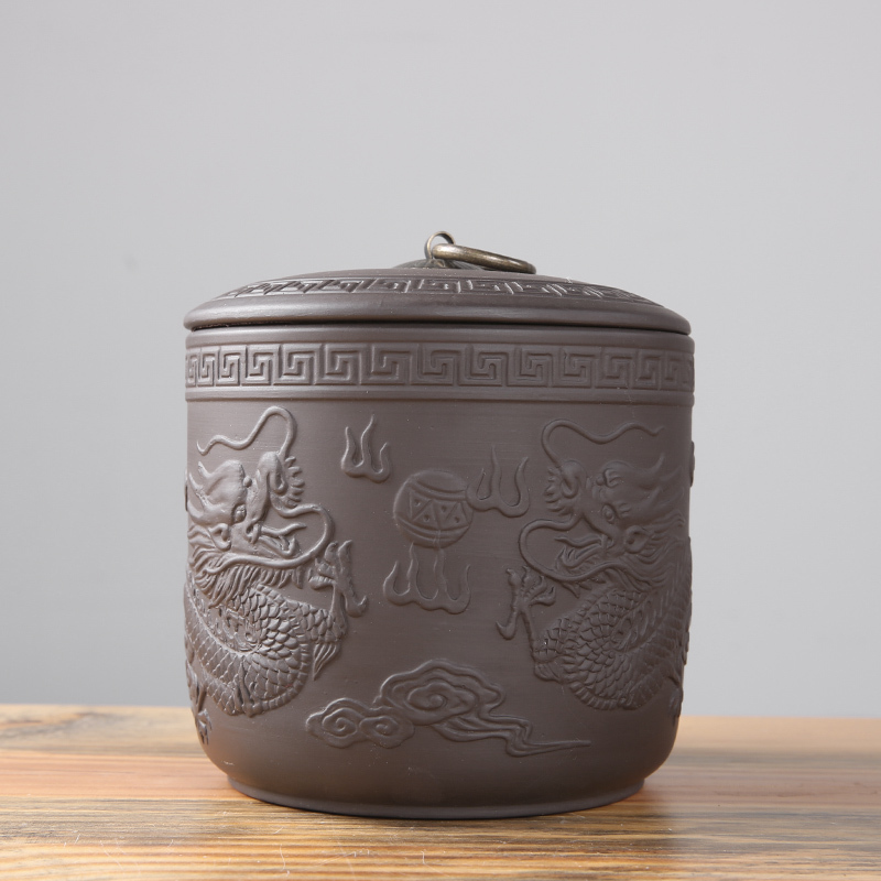 紫砂茶叶罐陶瓷密封罐防潮储存罐浮雕龙凤直桶茶罐普洱罐茶叶缸