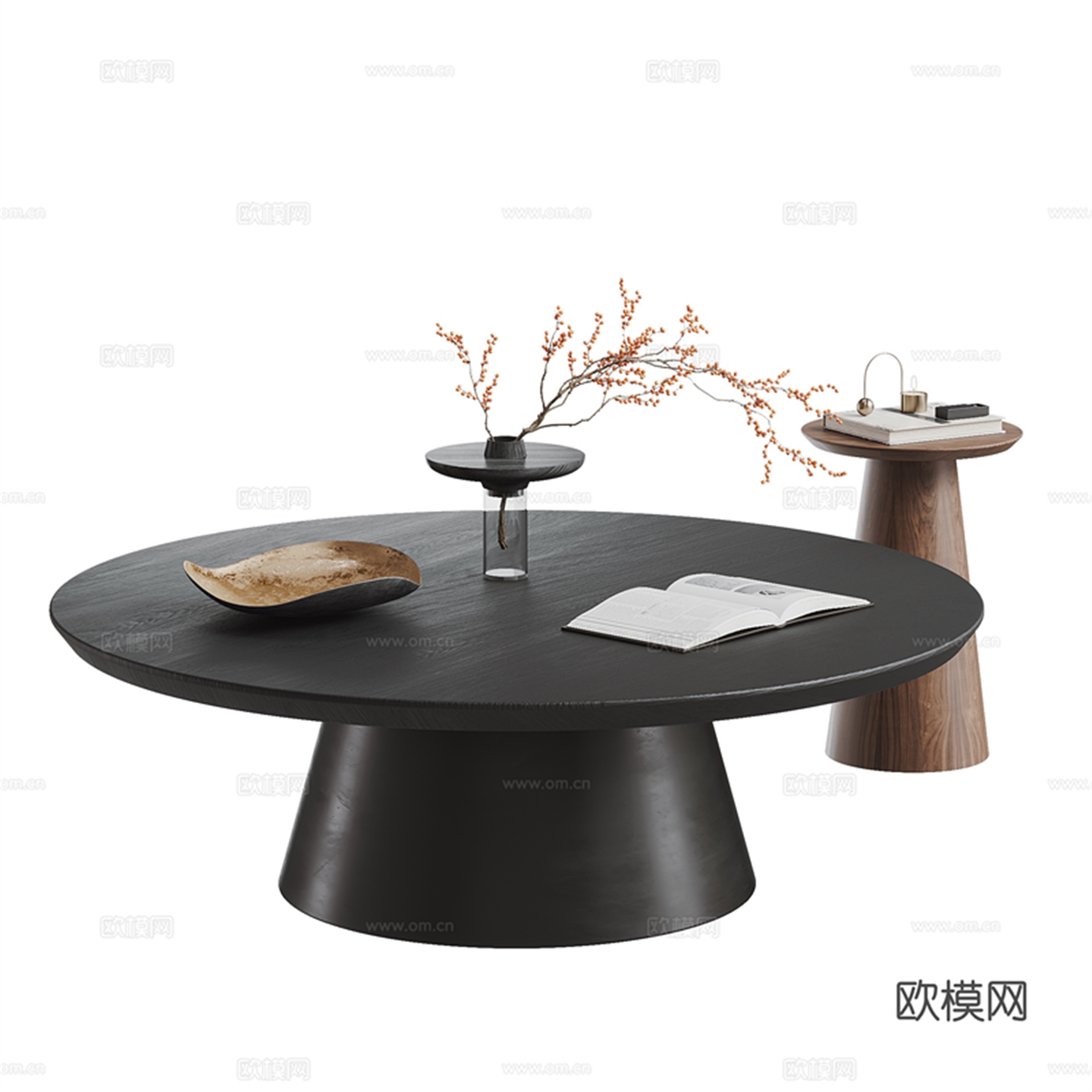 侘寂风实木茶几圆形茶几现代简约客厅家用茶几桌会所黑色茶台