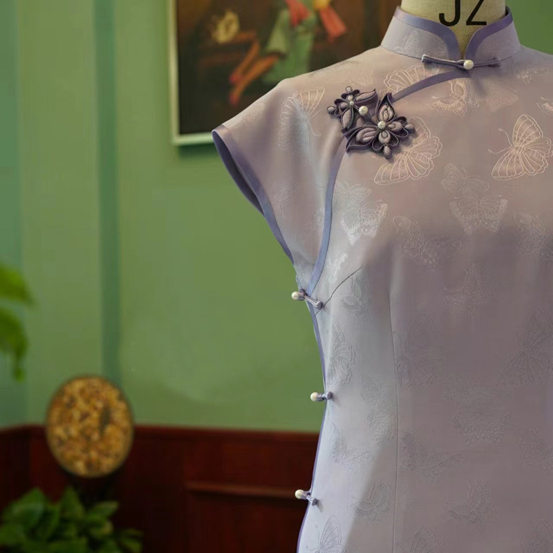 上海老裁缝【伊阑芳华】高端定制复古中式真丝紫色蝴蝶一片式旗袍