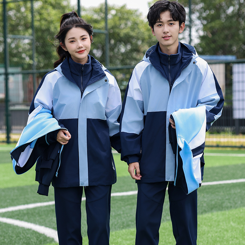 冬季加绒冲锋衣校服三合一套装初中高中生班服亲子装学院风运动服