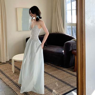 定染拼接蕾丝长款吊带连衣裙女