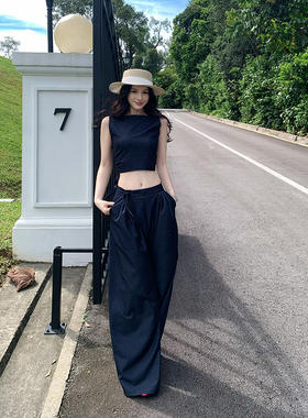 Lienni老钱风/无袖短款修身绑带上衣柔软天丝牛仔直筒阔腿裤套装