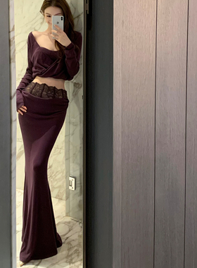 Lienni2025冬季新款假两件镂空露背上衣女拼接蕾丝针织半身裙套装