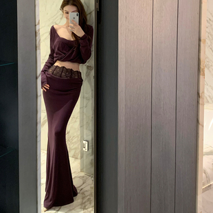 Lienni2025冬季新款假两件镂空露背上衣女拼接蕾丝针织半身裙套装