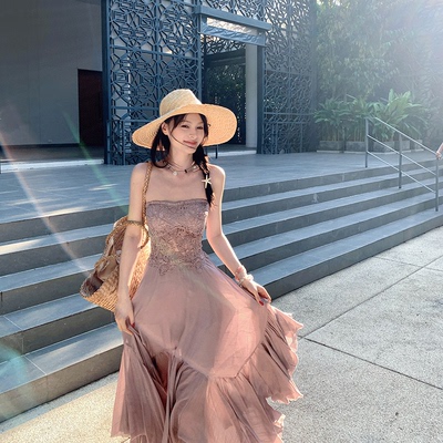 Lienni拼接蕾丝长款抹胸连衣裙女