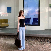 女 高腰显瘦直筒无弹水洗白蓝阔腿牛仔长裤 Lienni2026四季 百搭新款