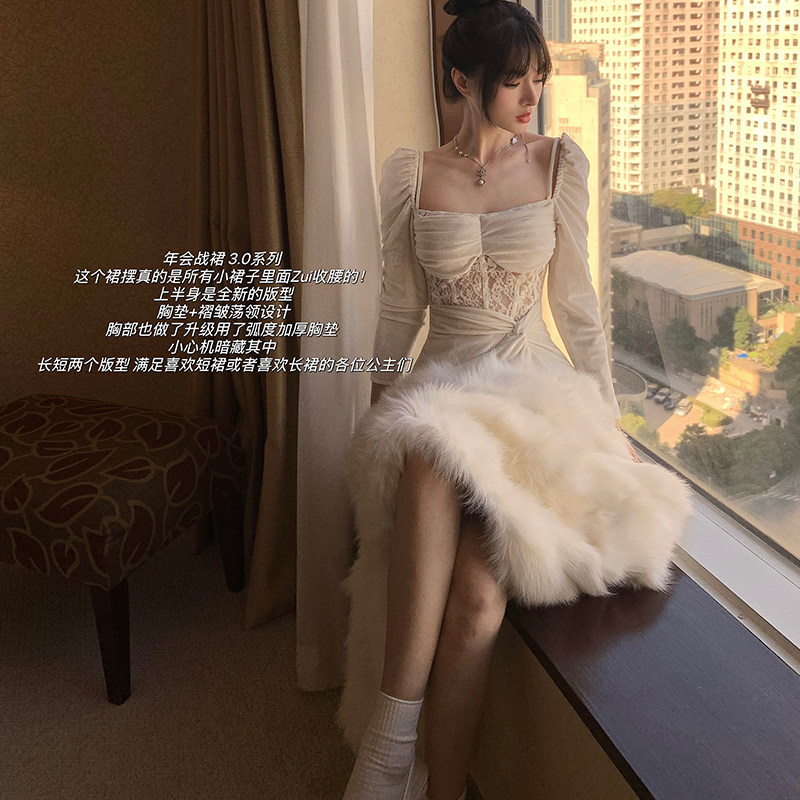 Lienni 年会战裙3.0/镂空长袖高腰显瘦吊带不规则裙摆丝绒连衣裙