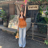 Lienni2026新款 气质镂空百搭短款 显瘦花苞仙女纱抽绳吊带上衣女