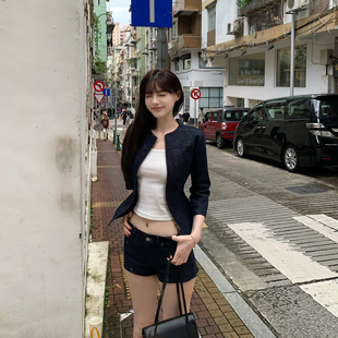 Lienni2026夏秋新款长袖修身百搭收腰外套女高腰显瘦牛仔短裤套装