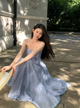 Lienni2025夏季新款高腰显瘦人鱼立体裁线天丝吊带长款连衣裙女