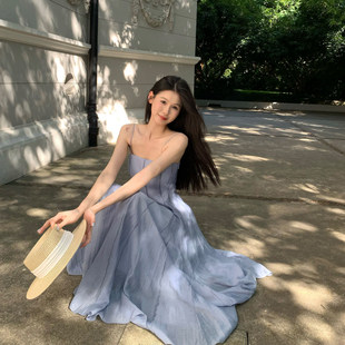 Lienni2025夏季 连衣裙女 新款 高腰显瘦人鱼立体裁线天丝吊带长款