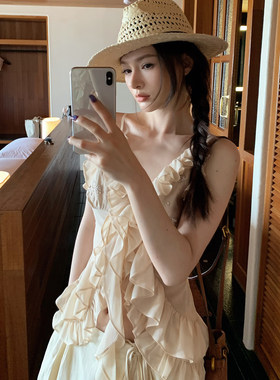 霜色釘珠荷叶边上衣/连衣裙