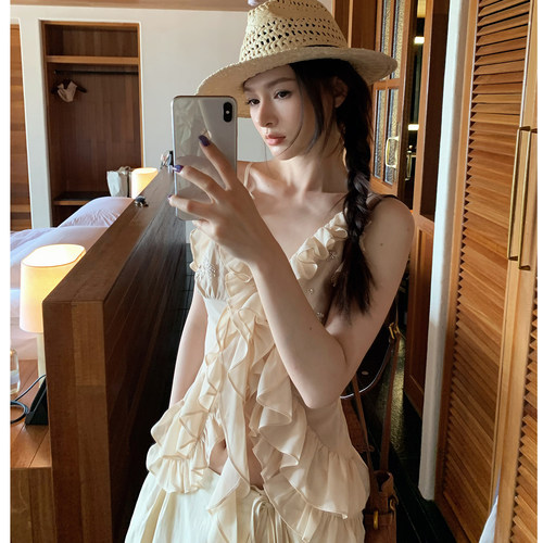 霜色釘珠荷叶边上衣/连衣裙