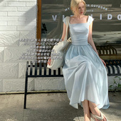 极简风高腰显瘦镂空方领拼接针织长款 Lienni2024夏季 新款 连衣裙女