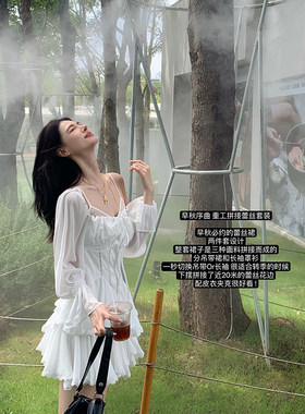 复古重工拼接蕾丝吊带连衣裙女