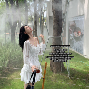 Lienni夏季 复古重工拼接蕾丝吊带连衣裙女 新款 少女风缎面灯笼袖