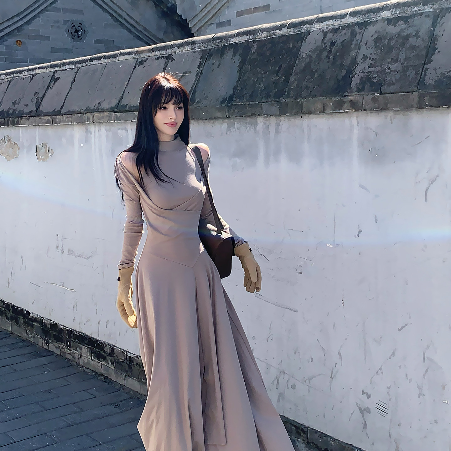 Lienni2026秋季新款气质收腰显瘦长袖拼接假两件长款内搭连衣裙女