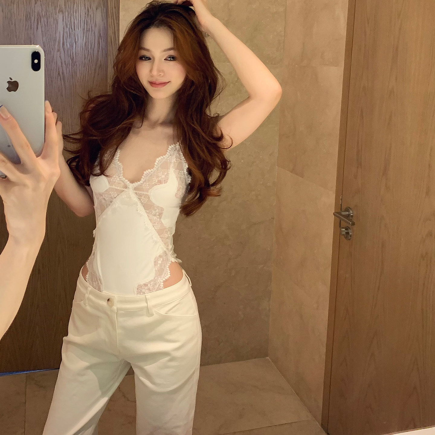 Lienni2026春夏新款修身显瘦拼接蕾丝连体衣女高腰显瘦长裤套装