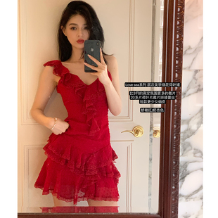 Lienni夏季 收腰显瘦层次美学荷叶吊带连衣裙女 新款 镂空v领无袖