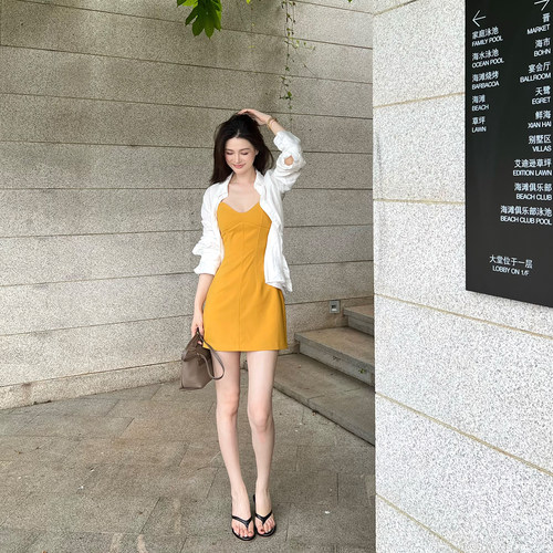 收腰显瘦鱼骨可调节吊带连衣裙女