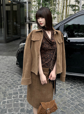 Lienni2025秋季新款气质百搭复古主义麂皮外套高腰显瘦半身裙套装